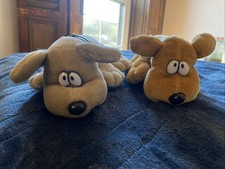 2 Vintage Kennel Kuddlees Plush Hound Dog Gray Carmel Puppy Collar Short Ears