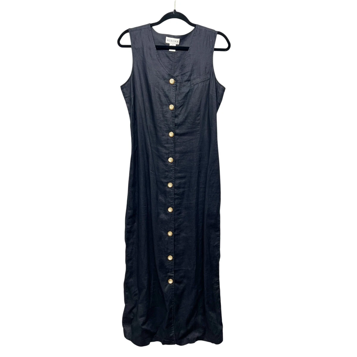 merona linen dress Merona Dress Womens Medium Beige Linen Ruffled Neck Waisted Casual Sleeveless