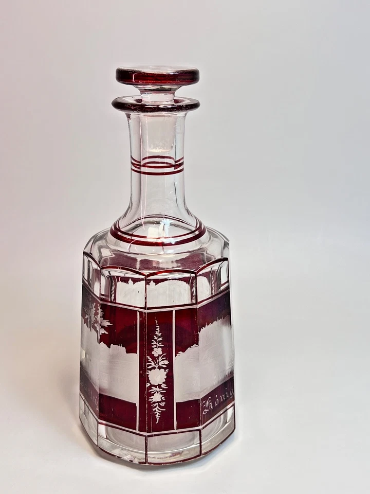 19.c Egermann Bohemian Ruby Red Cut-Clear Glass Swiss Fortress Decanter Bottle - Image 2 of 4