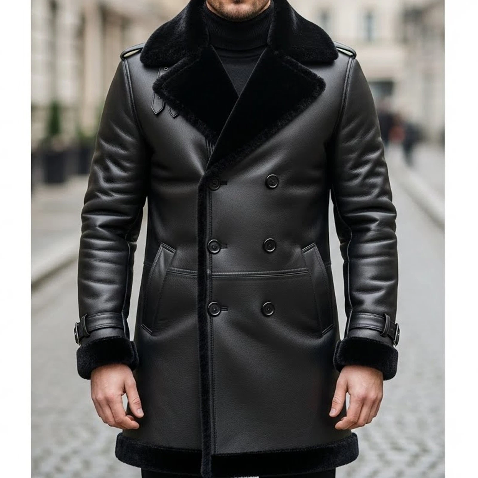 Men’s Sheepskin Leather Fur Coat – Shearling Bomber Long Winter Coat for Men