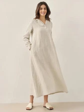 100% Linen Hooded Pullover Maxi Dress  V-neck, strikes   features an adjustable