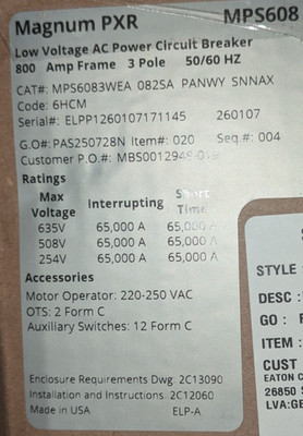 EATON CUTLER-HAMMER MAGNUM PXR MPS6083WEA 800AMP LOW VOLTAGE AC CIRCUIT BREAKER