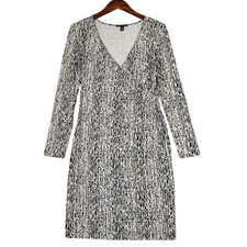 Banana Republic Wrap Dress Womens Medium Cream Black Printed Stretch Long Sleeve