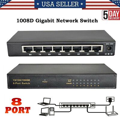 Wall Mount Gigabit Ethernet Unmanaged Switch Home 8-Port Network Hub Desktop