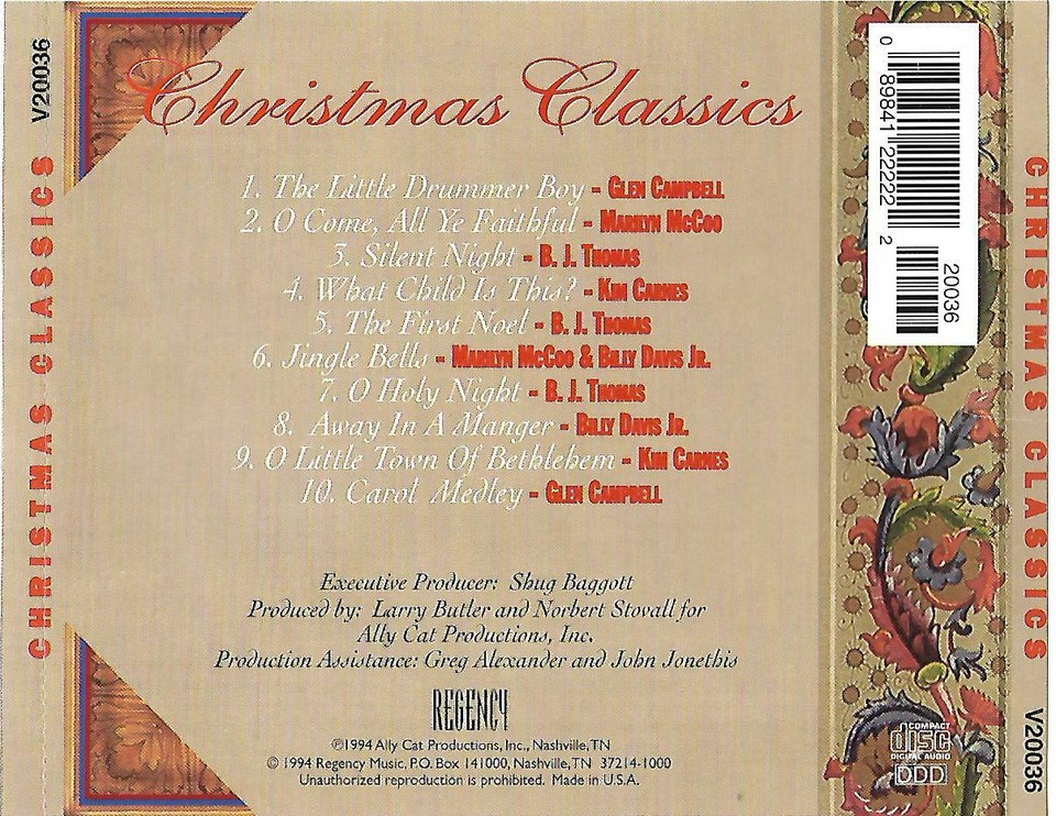 CHRISTMAS CLASSICS country GLENN CAMPBELL B J THOMAS KIM CARNES BILLY