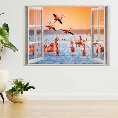 Rosa Flamingos in Sonne Natur 3D Fenster Blick Wandaufkleber Poster Aufkleber A149