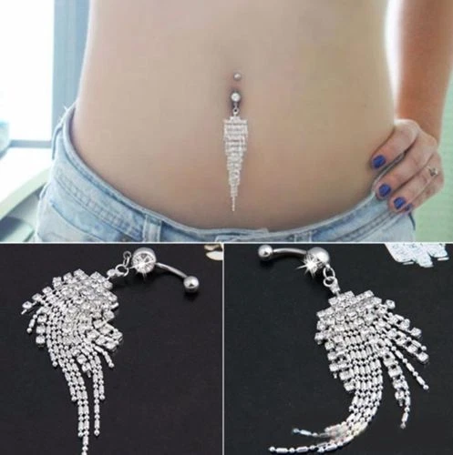 Belly Bars Navel Button Piercing Rings Crystal Body Jewellery Dangle Ring Silver - Image 4 of 4