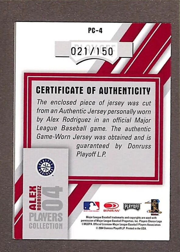2004 年季后赛荣誉球员收藏球衣 #PC-4 Alex Rodriguez /150 — 第 2/3 张图片