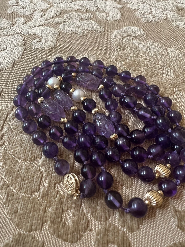 14 克拉金紫水晶和珍珠结珠项链 34 英寸从扣到扣 — 第 4/4 张图片