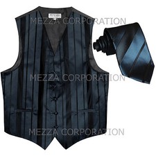 New Men's Tuxedo Vest Waistcoat Stripes Necktie prom wedding formal party Navy