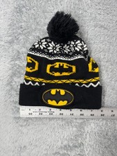 Batman Beanie Toque Youth One Size Black Yellow Knit Embroidered Acrylic Pom