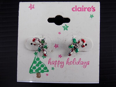 Women's CHRISTMAS EARRINGS Studs Enamel Candy Cane & Ribbons By Claire's