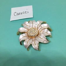 Vintage Carucci White Enamel with Crystals Daisy Brooch or Pendant New