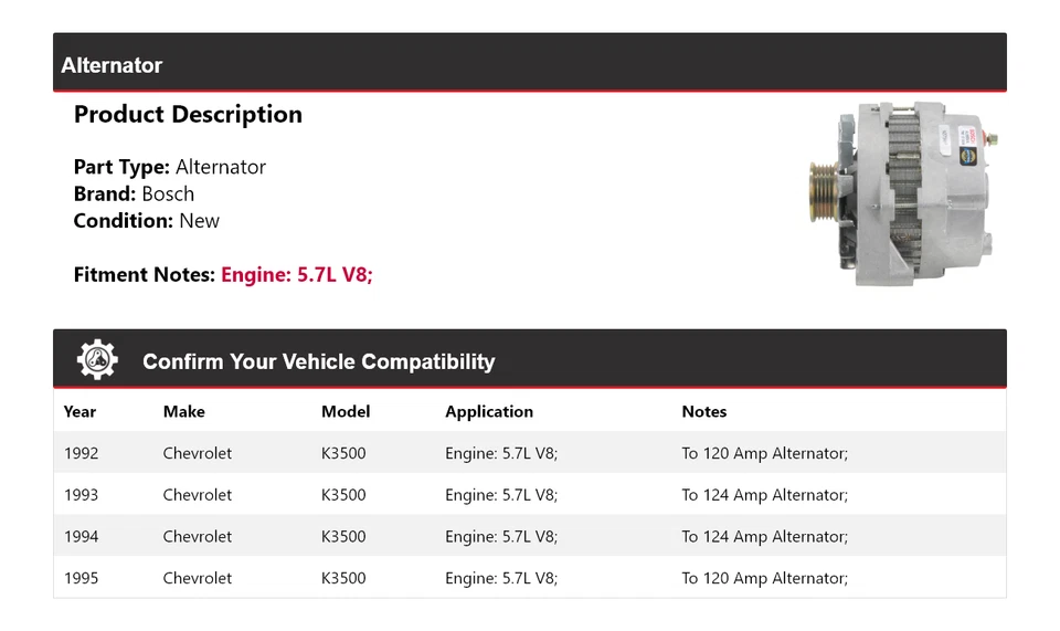 Alternador Bosch V8 5,7 L 1992-1995 Chevrolet K3500 (nuevo) 1993 1994 Foto 2 de 4