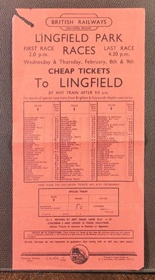 1950s British Railways Various Stations to Lingfield Park Races Excursion Flyer