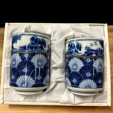 Vintage Pair Japanese Husband  Wife Yunomi Tea Cups Chrysanthemums NOS NIB