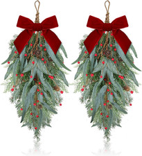 2 Pcs Christmas Teardrop Swag 24" Artificial Eucalyptus Leaves Teardrop Wreaths