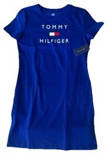 Tommy Hilfiger Blue Logo Graphic T-Shirt Dress Crew Neck Knee Length Sz S