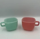 Vintage Lipton Glassbake  Mugs Cups Square Milk Glass 1960s Set of 2 Coral Teal