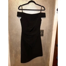 Milly  Ally Off the Shoulder Ruched  Asymmetric Black Midi Cocktail  Dress 2 NWT