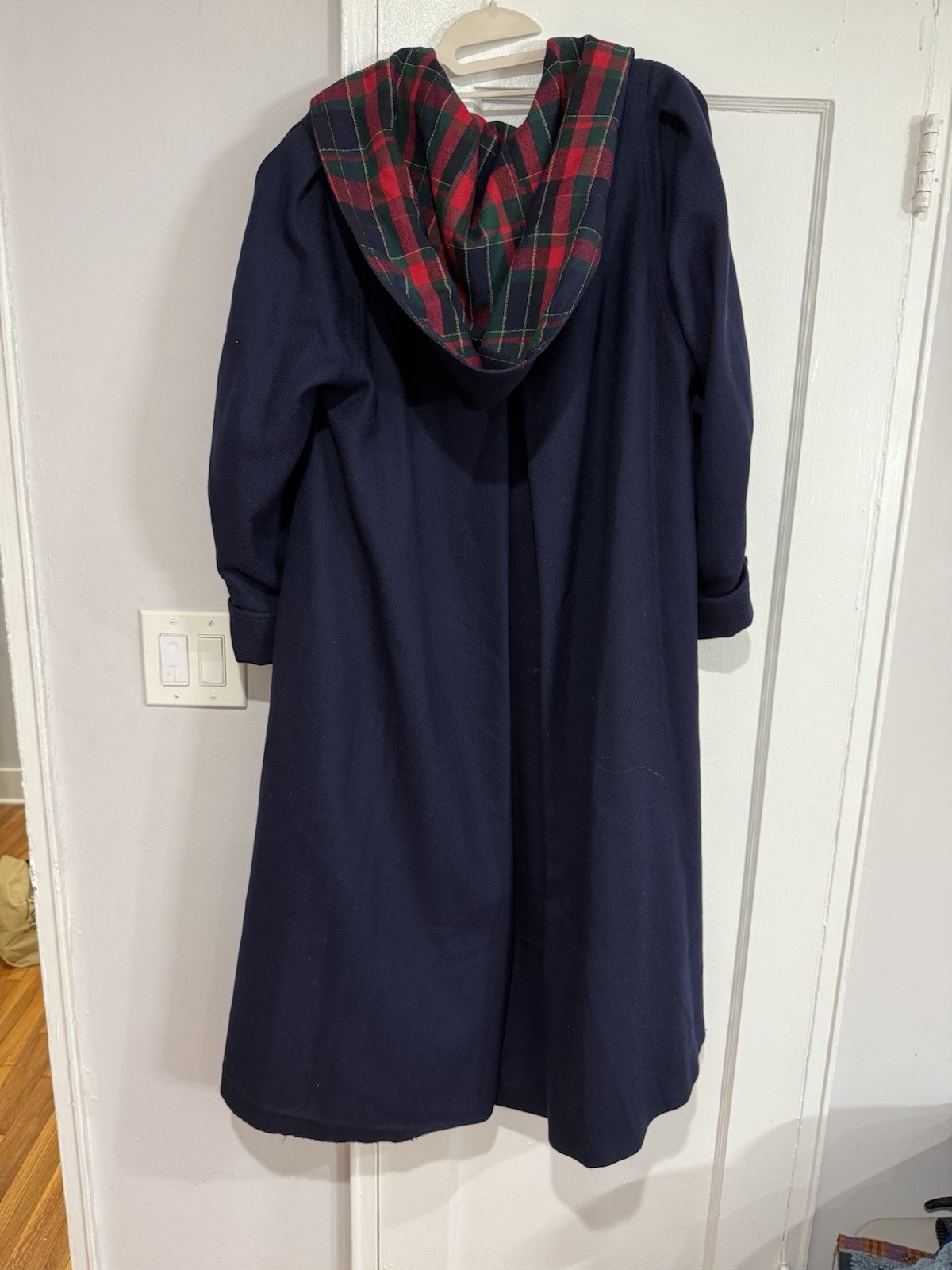 Avoca Collection Wool Long Navy Hooded Coat Medium Vintage  Ireland Irish Tartan