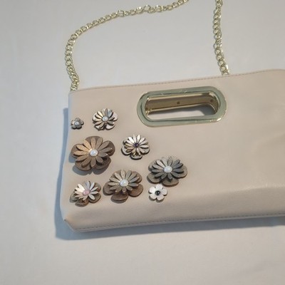 IMO Cream Faux Leather Floral Applique Clutch Shoulder Bag Gold Chain Strap
