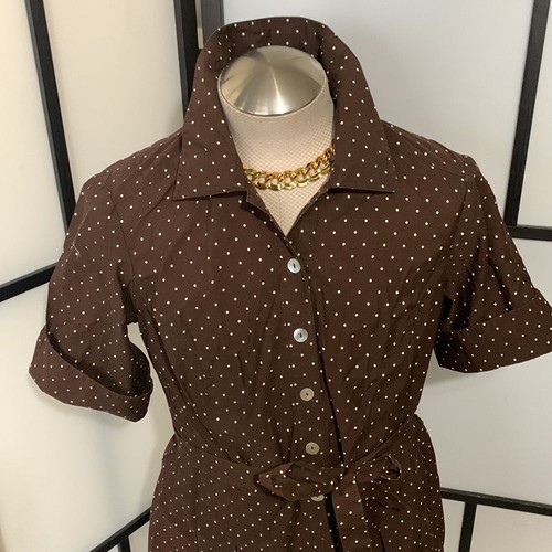 CONNECTED Women's Brown/White Polka Dot Button Front Swing Dress Size 14 - Picture 4 of 16