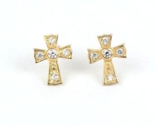 14K Yellow Gold Screw Back Cubic Zirconia Cross Earrings
