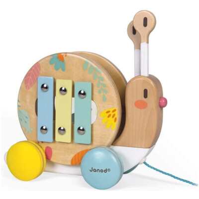 Janod Pure Nachziehschnecke Holz pädagogisches musikalisches Aktivitätsspielzeug 12M+ NEU