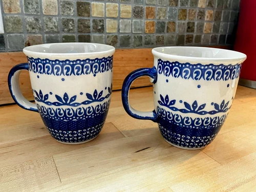 Set of 2 Boleslawiec Pottery Cobalt Blue/Ivory 10oz Coffee Tea Cup Mug Poland
