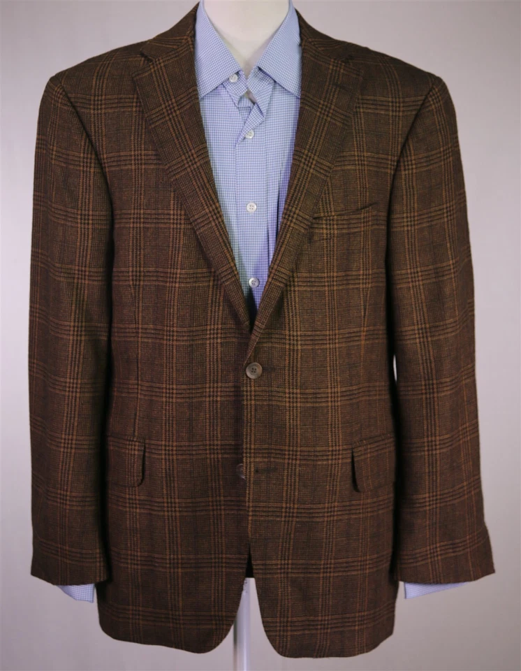 Спортивное пальто блейзер Arnold Brant коричневое черное клетчатое кашемировое норковое 2-Btn 42S - Изображение 2 из 4