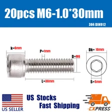 20PCS New M6X 30mm 304 Stainless Steel Allen Hex Socket Cap Head Screws DIN912