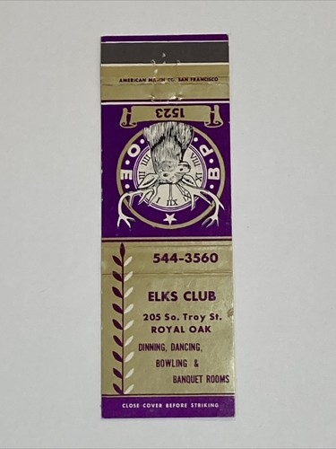 Vtg MATCHBOOK COVER BPOE Lodge, 1523 Royal Oak, Michigan - 第 1/2 張圖片