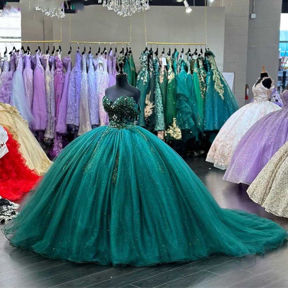 Emerald Green Princess Quinceanera Dresses Ball Gown Beaded Vestidos De 15  Años