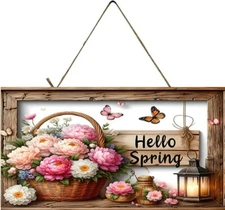 Hello Spring Flowers and Lantern Farmhouse  Printed Handmade Sign