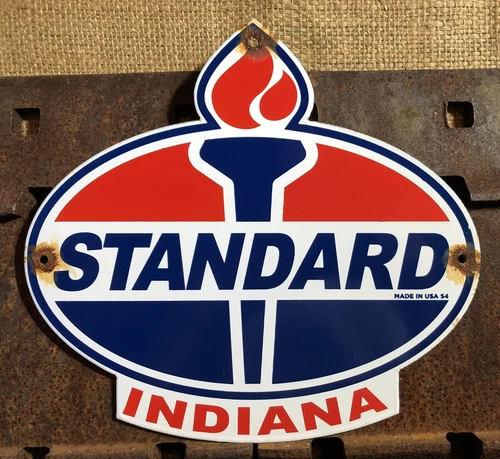 VINTAGE 1954 DATED STANDARD SERVICE INDIANA GASOLINE PORCELAIN GAS OIL SIGN
