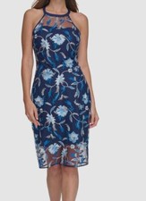 Guess Women's Blue Round Neck Embroidered-Floral Mesh Sheath Dress Size 2