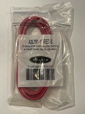 Belkin CAT5e 10' Network RJ-45 Patch Cable Snagless A3L791-10-RED Box of 10 