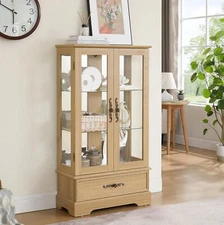 2 Doors Glass Cabinet Lighted Glass Cabinet,Retro Curio Display Cabinet w/Drawer