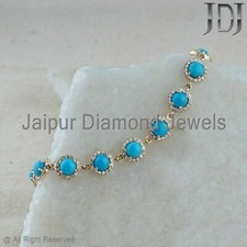 Solide 14k or Jaune Naturel Diamant Turquoise Gemme Bracelet Chaîne Bijoux