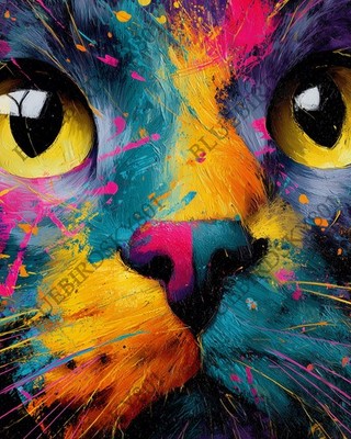 Color Splash Cat 8x10 Art Print, Bold Abstract Feline Wall Decor Cat Face Poster