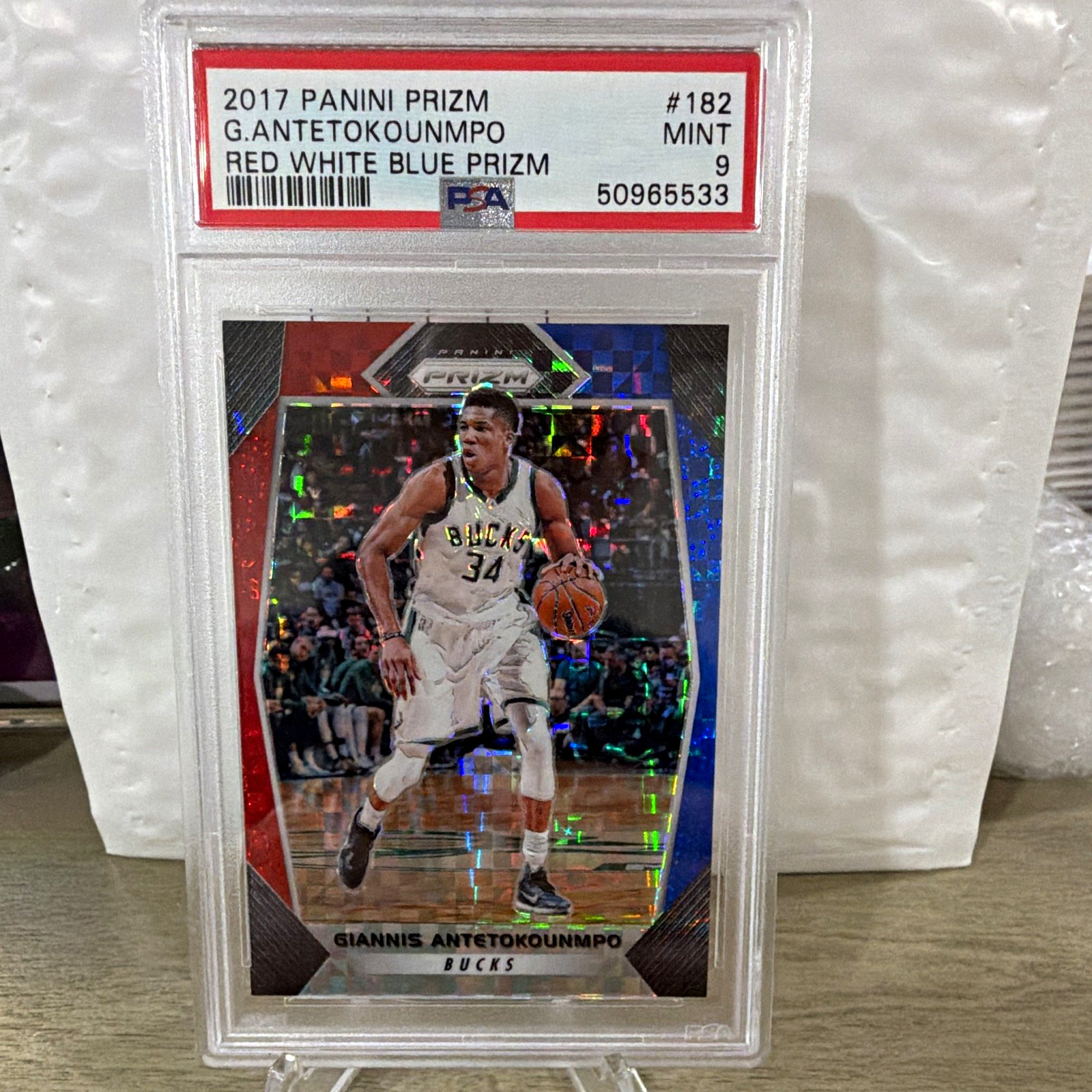 Panini Prizm 2017-18 Giannis Antetokounmpo #182 RWB Prizm PSA 50965533 view 1