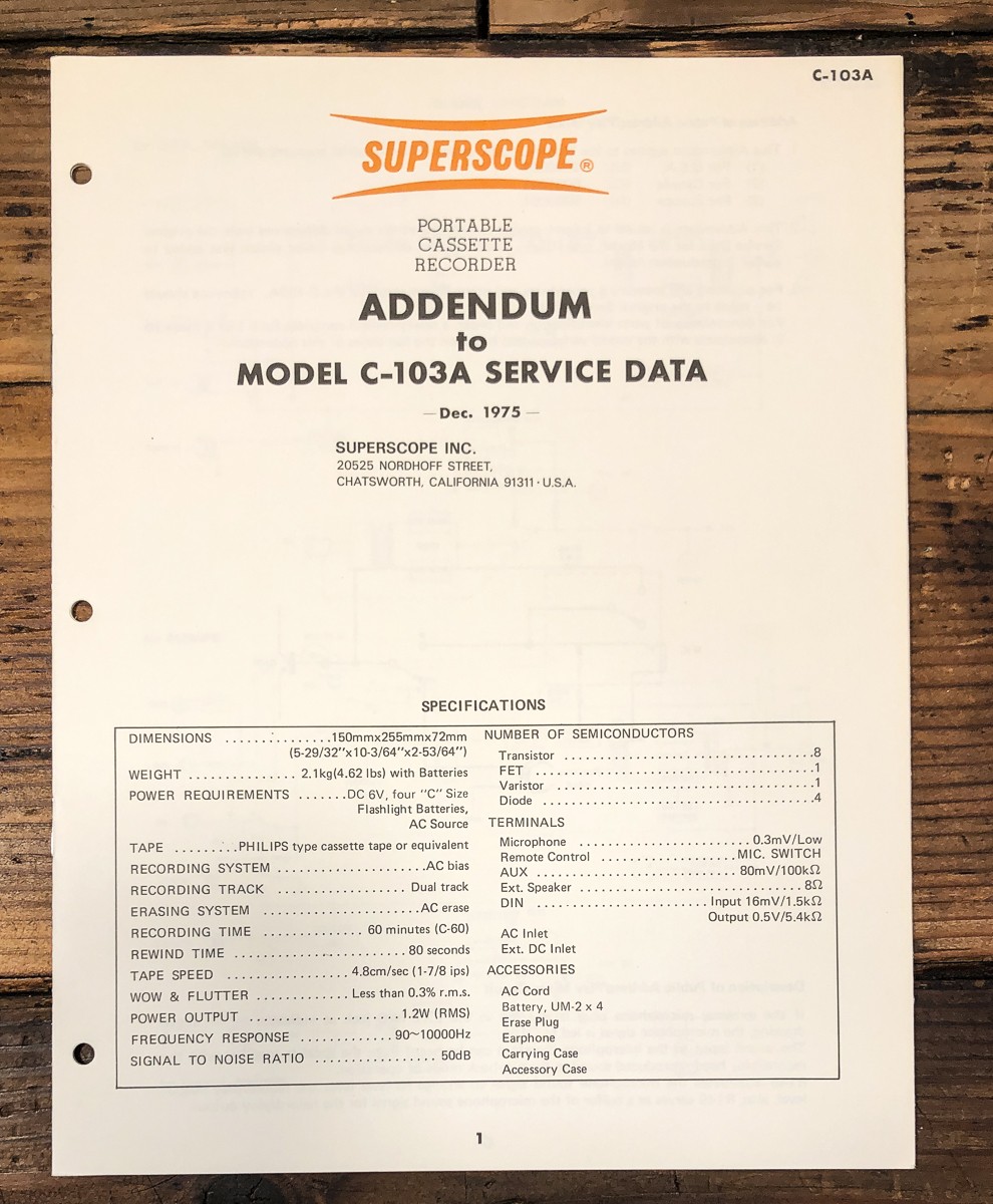 Superscope C-103A C-103 A Cassette Addendum Service Manual *Original*