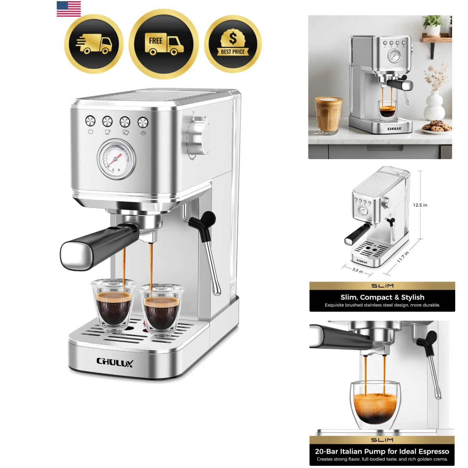 Slim Espresso Machine with Milk Frother, 20 Bar Professional Italian Pump Esp...