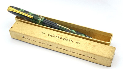 VINTAGE CHATSWORTH FÜLLFEDERHALTER IN GRÜN & GRAU MARMOR 14K GOLD EXTRA FEIN NIB