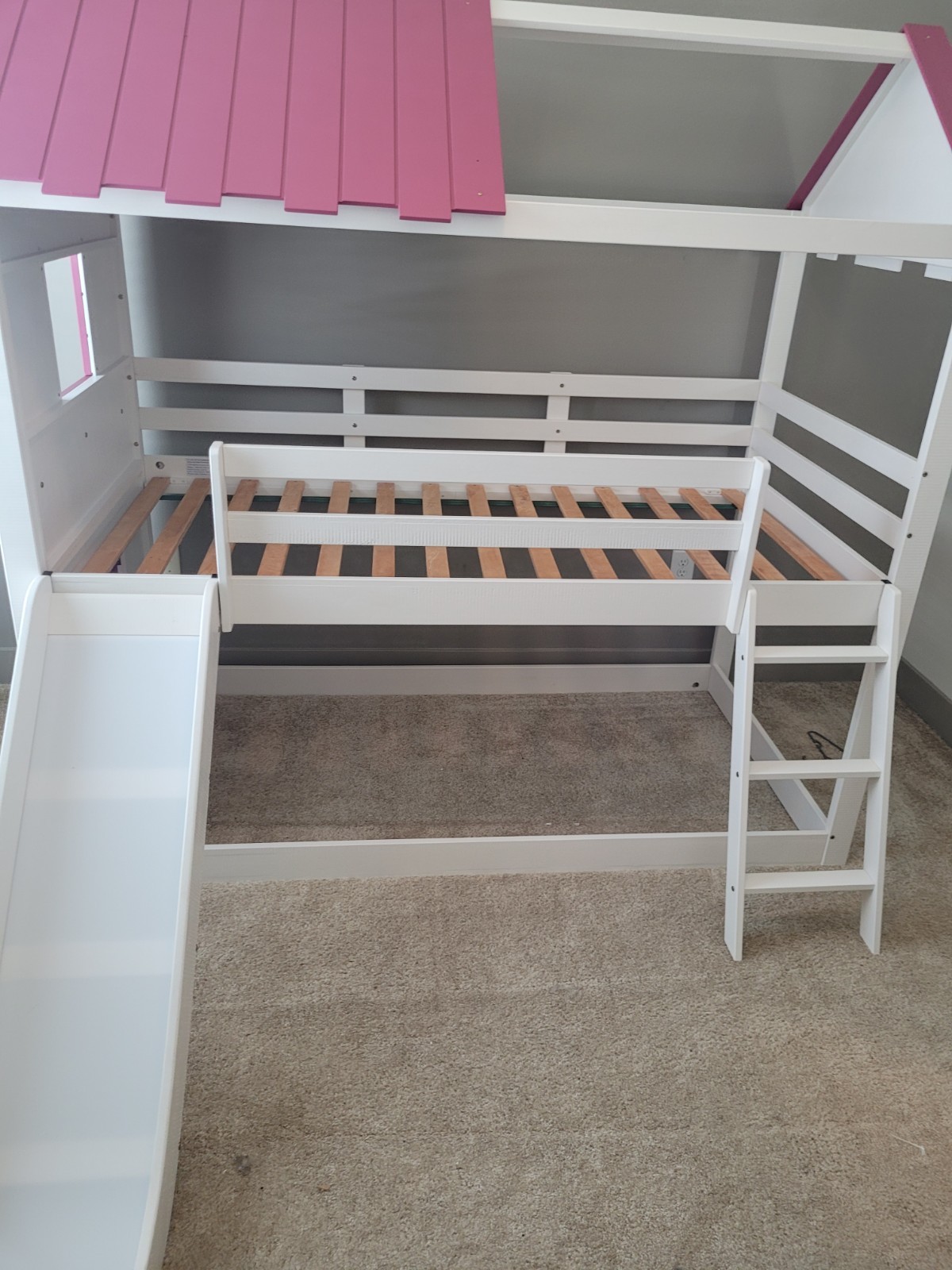 Playhouse Loft Twin Bed Frame Wood White Pink with Slide & Ladder for Kids