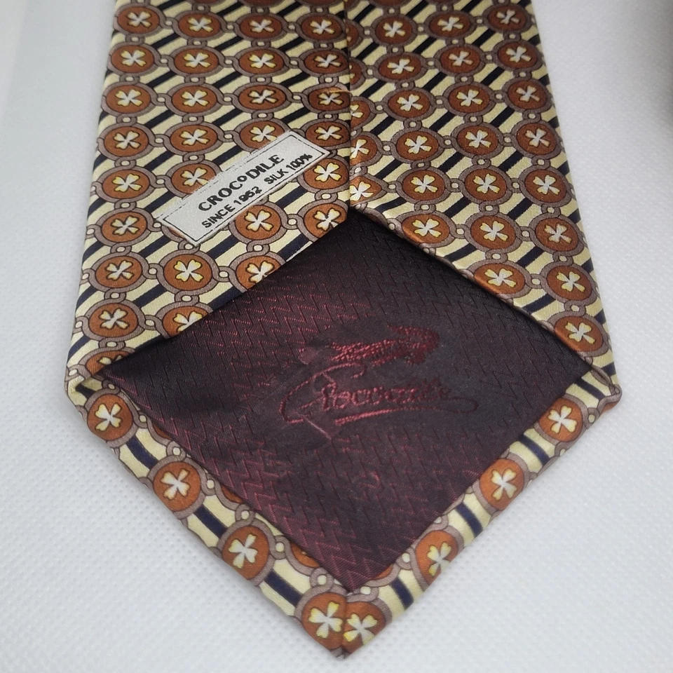 Corbata retro geométrica marrón 100 % seda marca logotipo cocodrilo Foto 4 de 4