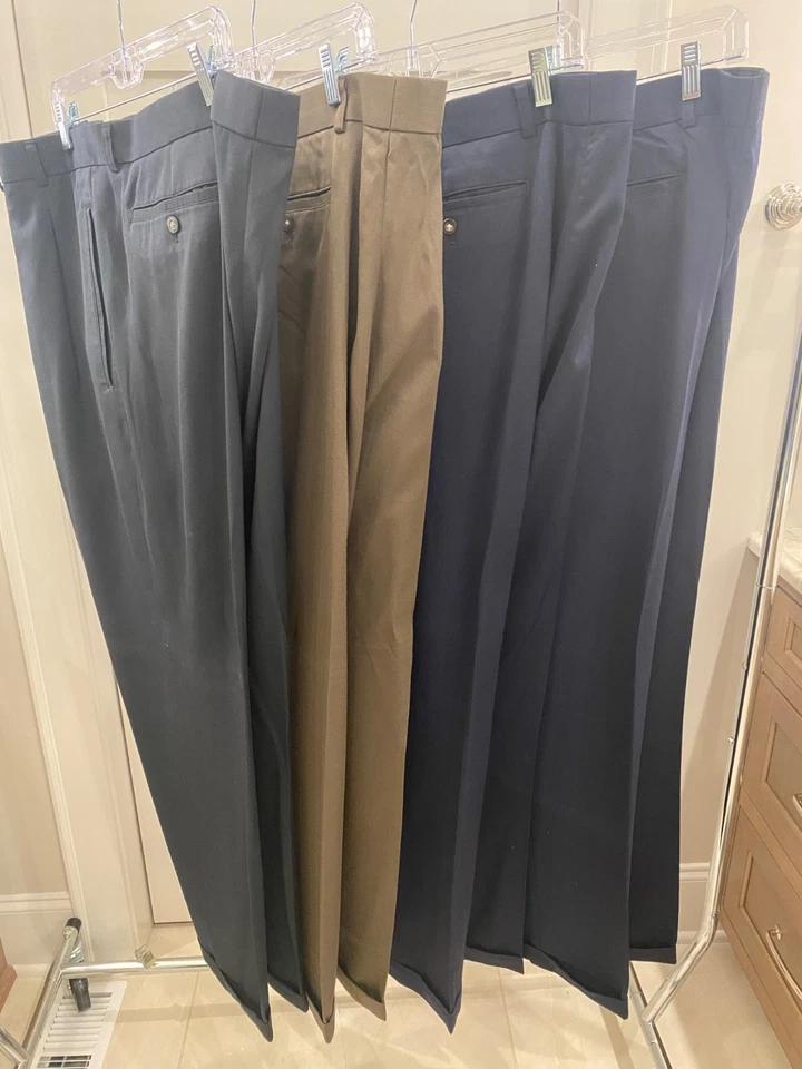 Lote de 4 pares de pantalones de vestir plisados Cutter & Buck para hombre 50Bx32 marrón, azul, negro Foto 2 de 4