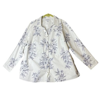 Canyon Retreat Women 3X White Navy Floral Button Front Shirt Long Sleeve Stretch