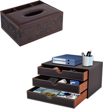 Tissue Box Cover,Pu Leather Desk Organizer with 3 Drawers